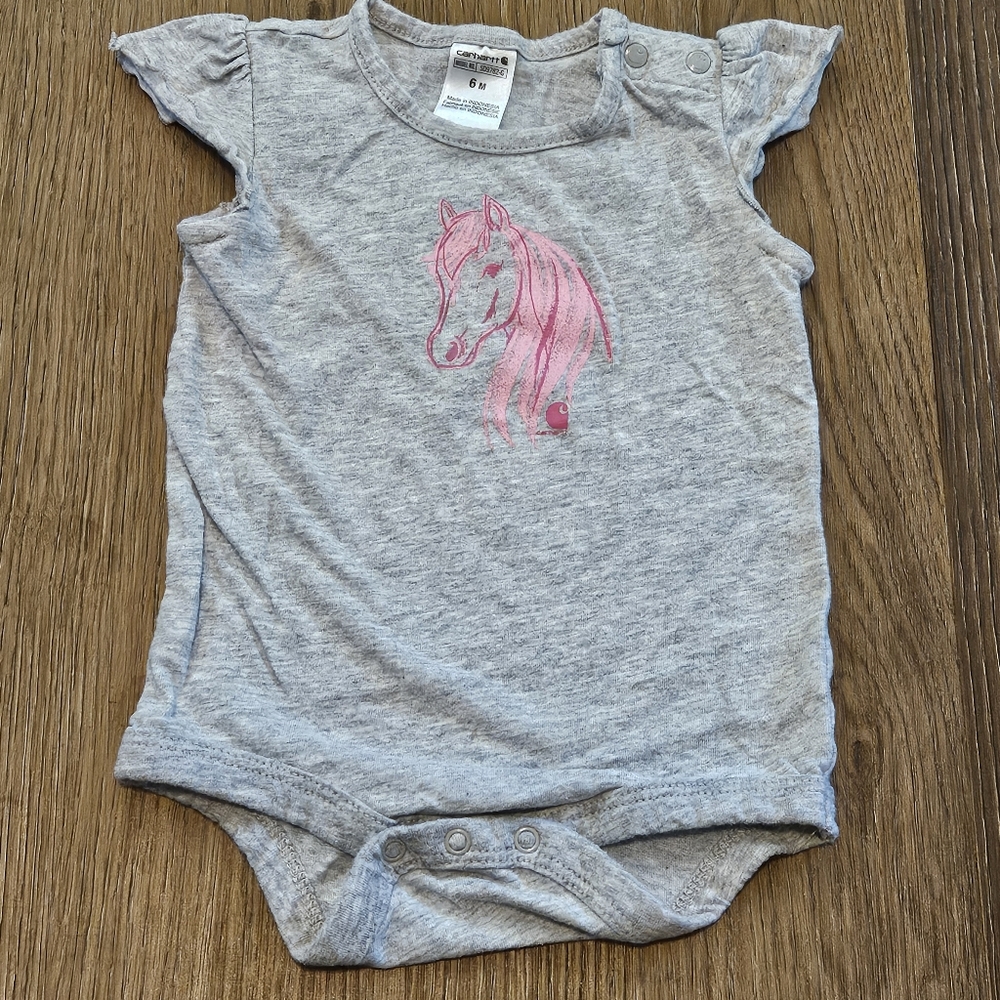 Carhartt Baby Girl's Onesie Size 6 Months Gray with Pink Horse